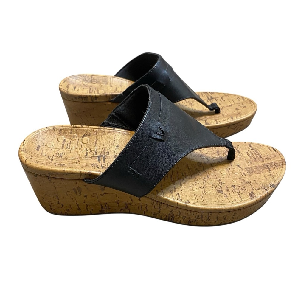 Vionic Cameron Wedge Sandals Sz 8 EU 39 Black Leather Thong Boho Summer Vacation